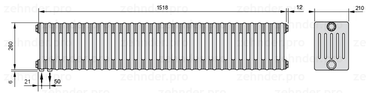 Схема (чертеж) Радиатор Zehnder Charleston 6026/33 №3370 Белый глянцевый RAL 9016